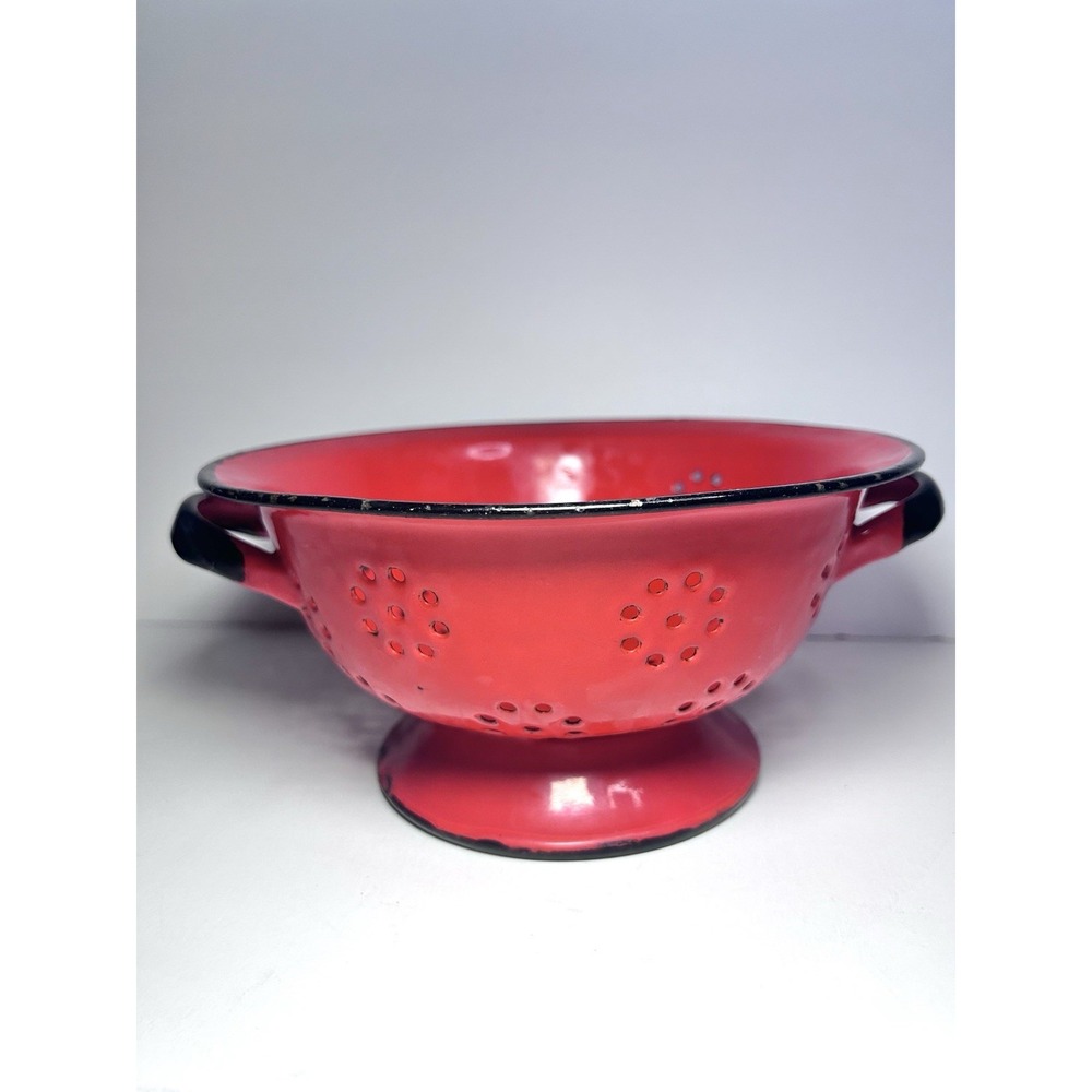 Vintage 2 Handled Red Enameled Steel Colander Strainer - Poland